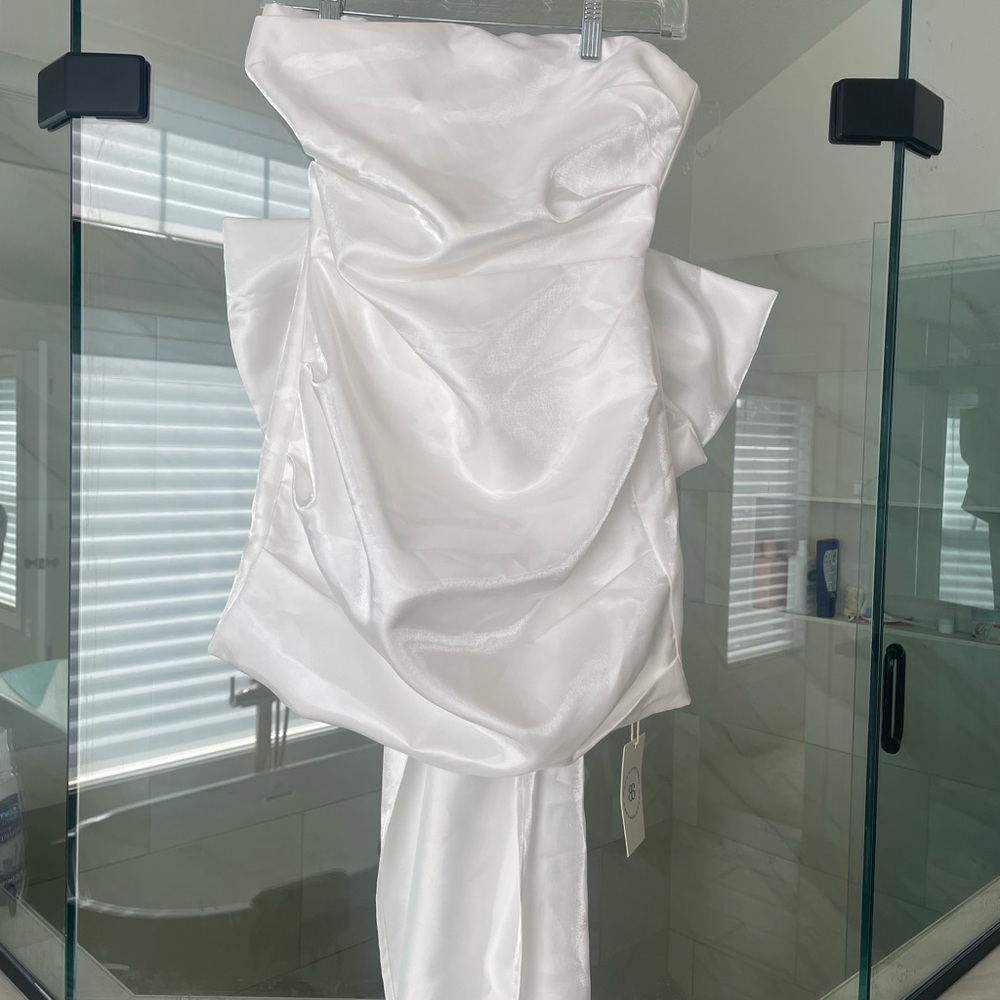 Strapless White Satin Ruched Dress